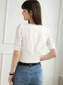 White Puff Sleeve Lace Openwork Blouse