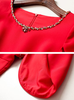 Red Split Sleeve Beaded Ruffle Sheath Cocktail Dress