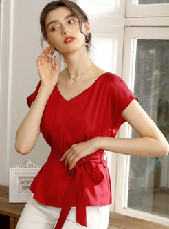 Red V-neck Pullover Tied Chiffon Blouse