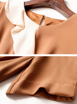 Puff Sleeve Ruffle Patchwork Pleated Midi Dress