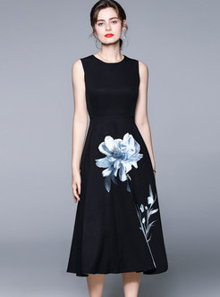 Black Sleeveless Print A Line Maxi Dress