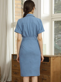 Brief Blue Turn-down Collar Denim Bodycon Dress