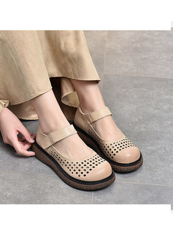 Retro Rounded Toe Openwork Velcro Platform Sandals