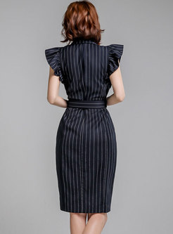 Work Notched Collar Striped Belted Dress