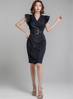 Work Notched Collar Striped Belted Dress
