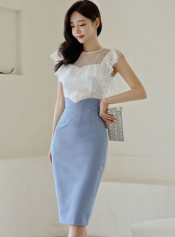 Color-blocked Lace Patchwork Bodycon Skirt Suits