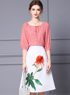3/4 Sleeve Striped T-shirt & Print A Line Skirt