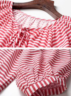 3/4 Sleeve Striped T-shirt & Print A Line Skirt