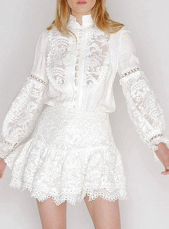 White Mock Neck Openwork Lace Mini Skirt Suits