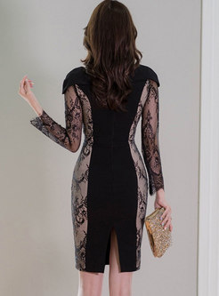 Black V-neck Lace Patchwork Bodycon Dress