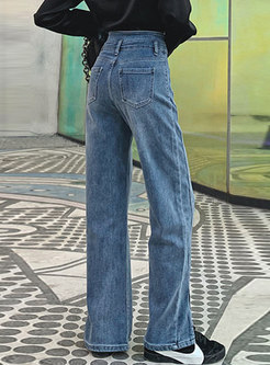 Retro Blue High Waisted Split Straight Jeans