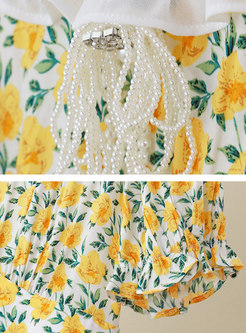 V-neck Pearl Bowknot Floral A Line Midi Dress
