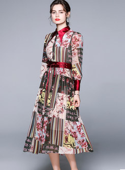 Lapel Long Sleeve Print Empire Waist Midi Dress