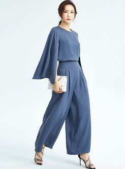 Casual Split Sleeve High Waisted Wide Leg Pant Suits