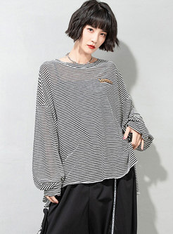 Plus Size Long Sleeve Striped Pullover T-shirt