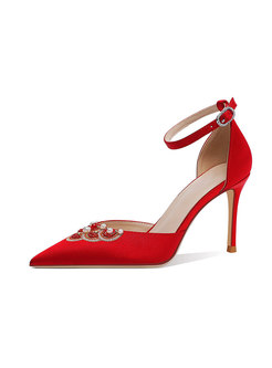 Red Pointed Toe Satin Pearl Wedding Heels