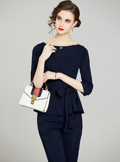 Casual 3/4 Sleeve Ruffle High Waisted Pant Suits