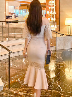 Off-the-shoulder Lace Patchwork Midi Peplum Dress