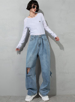 Blue High Waisted Wide Leg Ripped Jeans