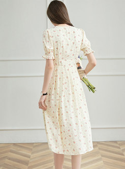 V-neck Lace Patchwork Print A Line Dress