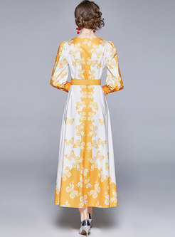 V-neck Long Sleeve Belted Print Maxi Dress