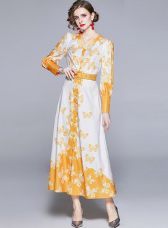 V-neck Long Sleeve Belted Print Maxi Dress