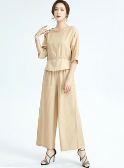 Casual Half Sleeve Pullover Wide Leg Pants Suits