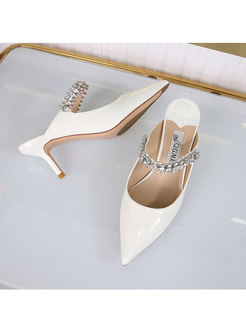 Pointed Toe Low-fronted Rhinestone High Heel Slippers