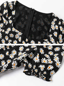 Black Square Neck Daisy Floral Split Midi Dress