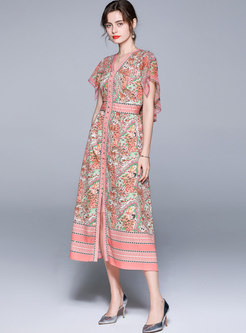Floral V-neck Ruffle Sleeve Chiffon Maxi Dress