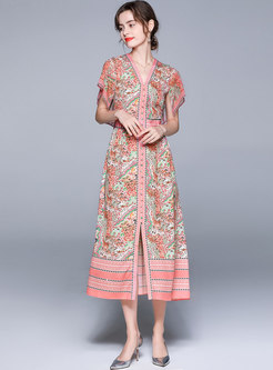 Floral V-neck Ruffle Sleeve Chiffon Maxi Dress