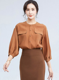Crew Neck 3/4 Sleeve Single-breasted Blouse