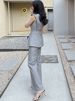 Grey V-neck Raglan Sleeve Belted Straight Pant Suits