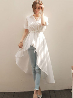White Short Sleeve Single-breasted Tied Blouse