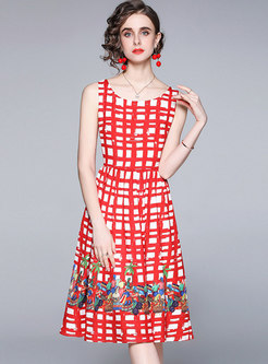 Red Sleeveless Plaid Print A Line Dress