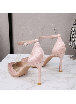 Pointed Toe Embossing Ankle Strap High Heels