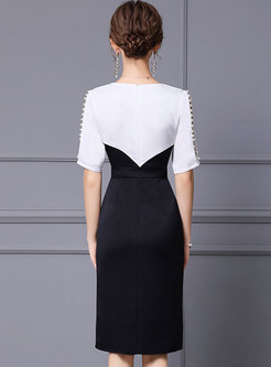 Half Sleeve Pearl Patchwork Asymmetric Bodycon Dress