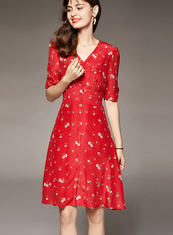 Red V-neck Empire Waist A Line Silk Print Dress