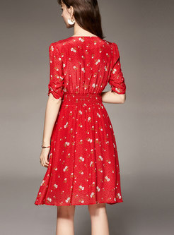 Red V-neck Empire Waist A Line Silk Print Dress