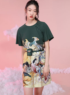 Casual Color-blocked Print Shift T-shirt Dress