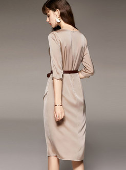 V-neck 3/4 Sleeve Belted Silk Midi Dress