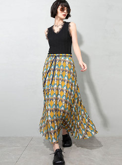 High Waisted Chiffon Plaid Print Maxi Skirt