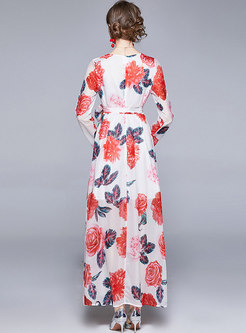 Boho Long Sleeve Print Big Hem Beach Dress