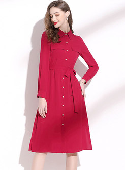 Red Long Sleeve Chiffon Knee-length Dress