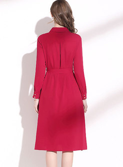 Red Long Sleeve Chiffon Knee-length Dress