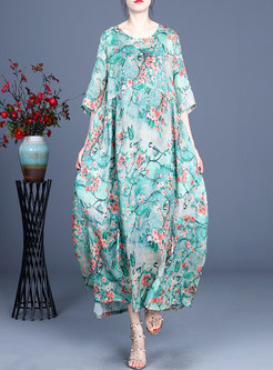 Retro Floral 3/4 Sleeve Shift Plus Size Dress