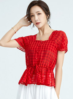 Plaid Ruched Chiffon Pullover Blouse