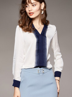 Color-blocked V-neck Pullover Silk Blouse