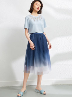 High Waisted Gradient Pleated Midi Skirt