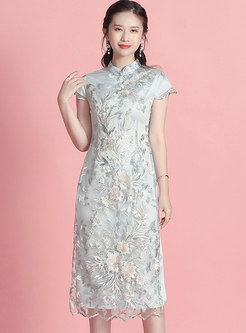 Mandarin Collar Mesh Embroidered Sequin A Line Dress